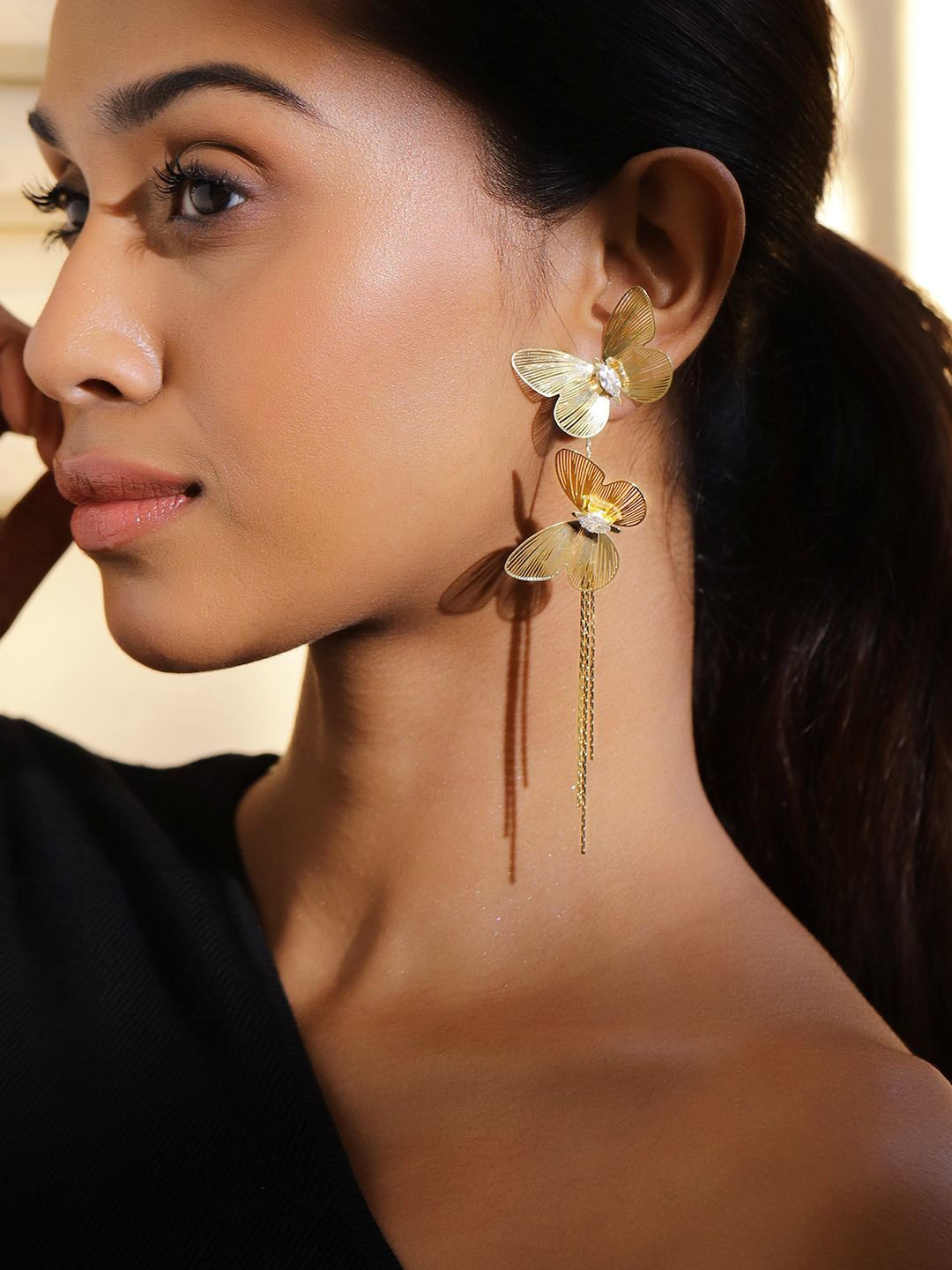 

Rubans Voguish 18K Gold Plated Butterfly Design Long Tassel Statement Earrings