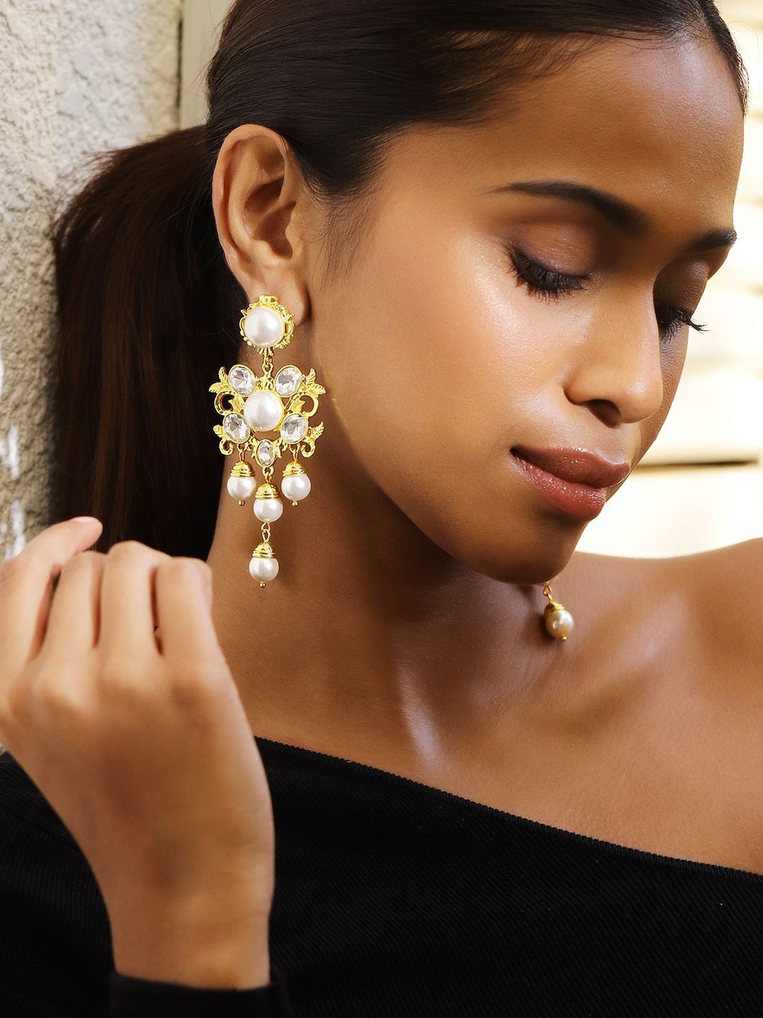 

Rubans Voguish 18K Gold Plated Pearl & Zirconia Studded Bold Long Statement Earrings