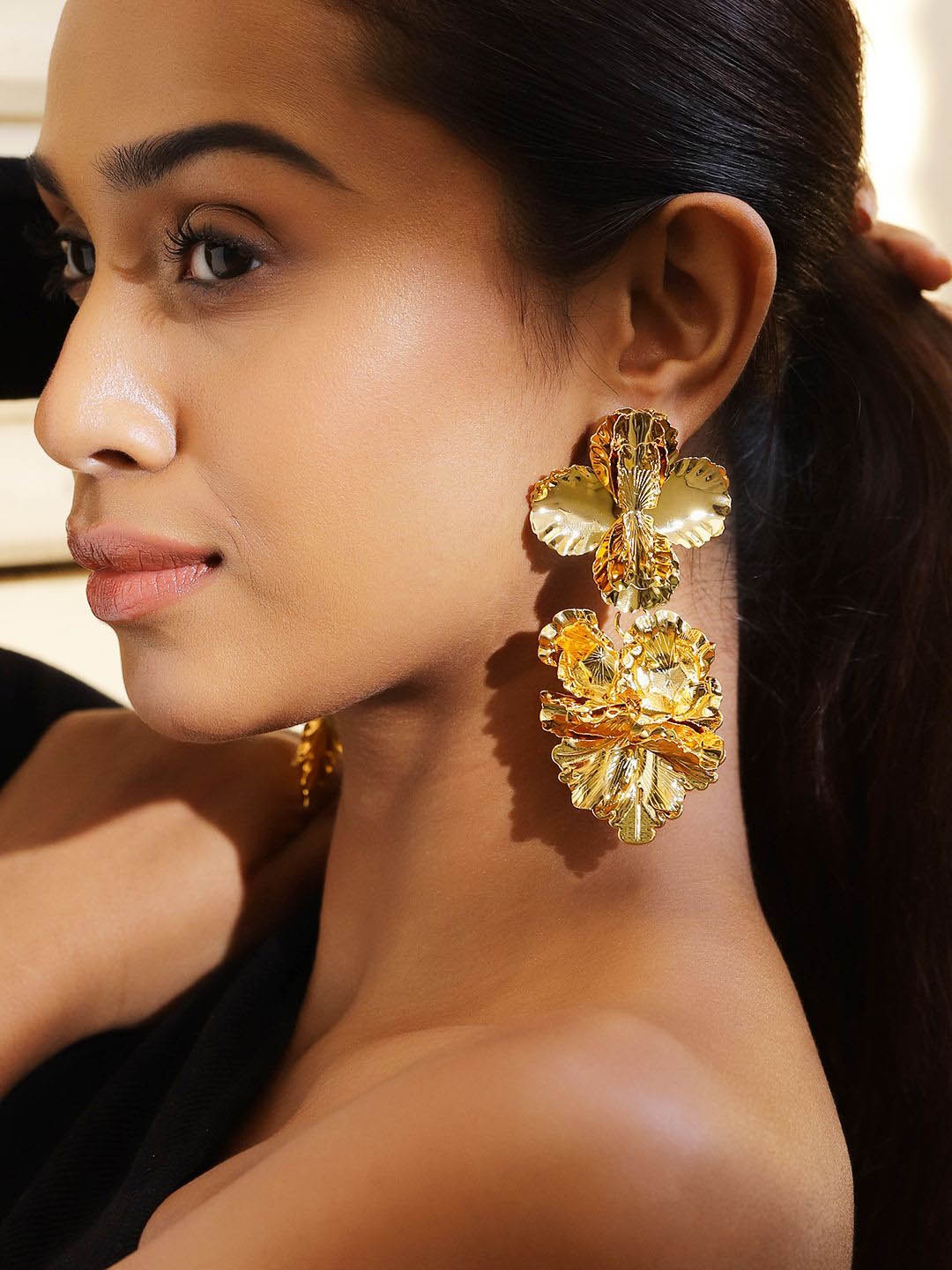 

Rubans Voguish 18K Gold Plated Oversized Cascading Floral Design Long Statement Earrings