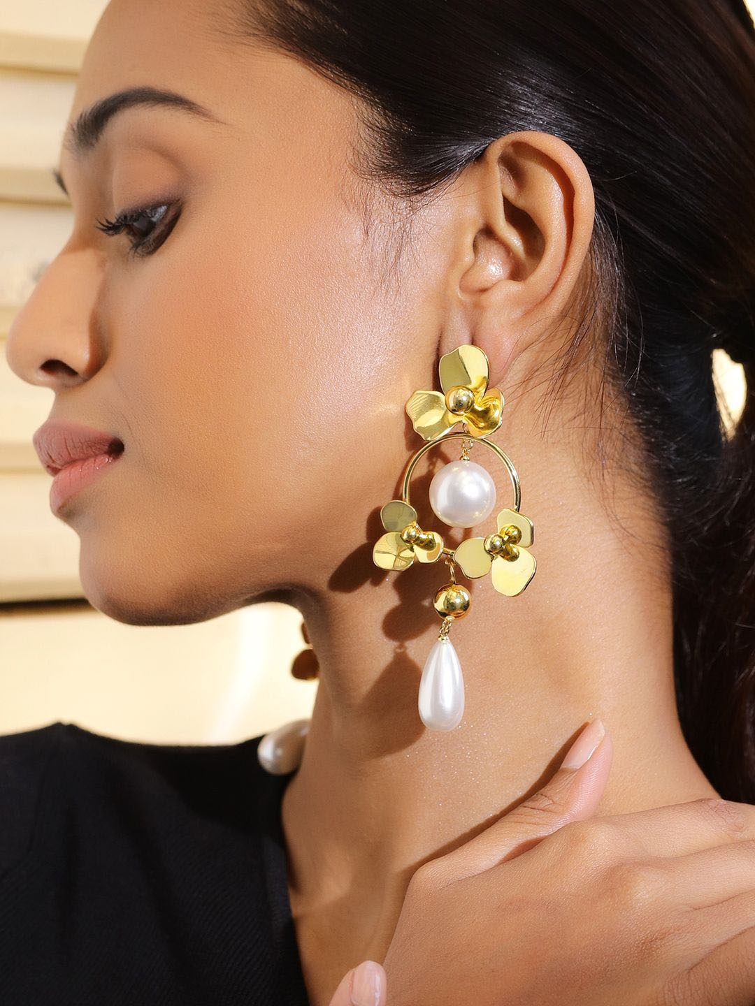 

Rubans Voguish 18K Gold Plated Floral Hoop Design Pearl Drop Statement Earrings