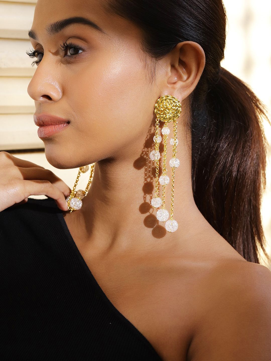 

Rubans 18K Gold Plated Pearl Bead & Chain Layered Long & Bold Statement Earrings