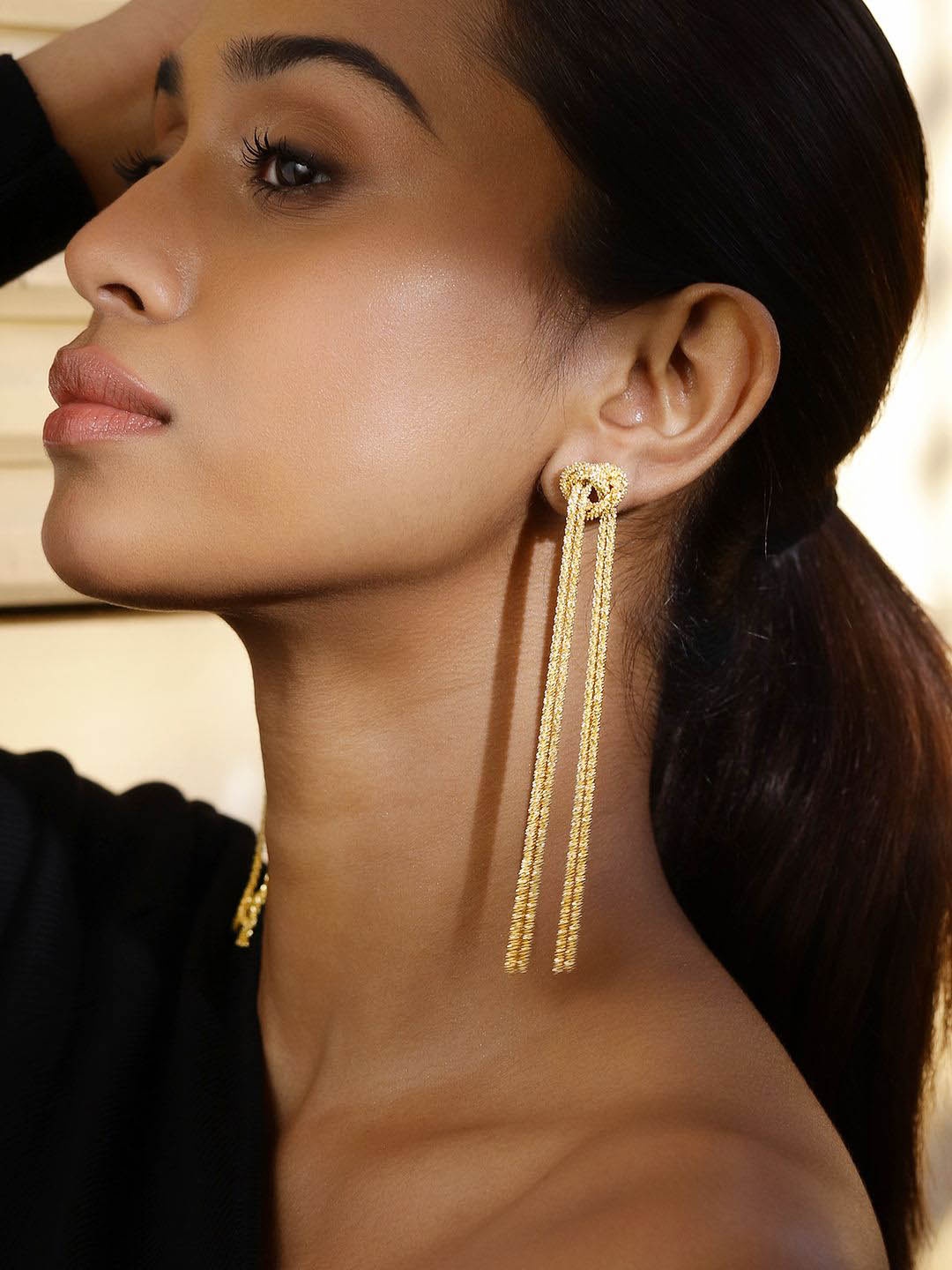 

Rubans Voguish 18K Gold Plated Knotted Long Chain Statement Earrings