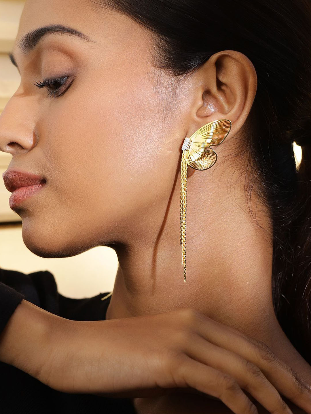 

Rubans Voguish 18K Gold Plated Butterfly Design Long Tassel Statement Earrings