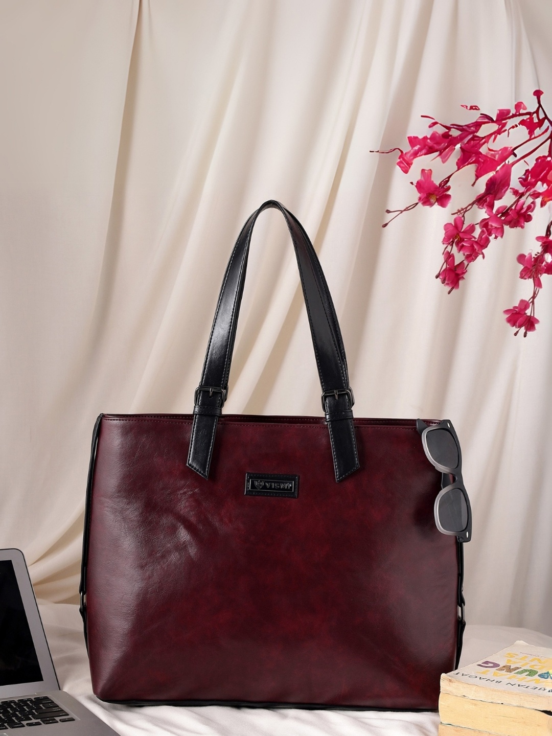 

VISMIINTREND Women Oversized Leather Tote Handheld Bag Wine, Maroon