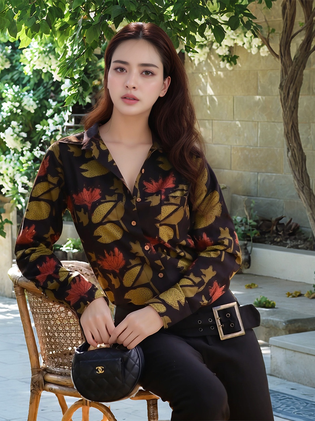

The Roadster Lifestyle Co. Shirt Collar Floral Printed Shirt Style Top, Black