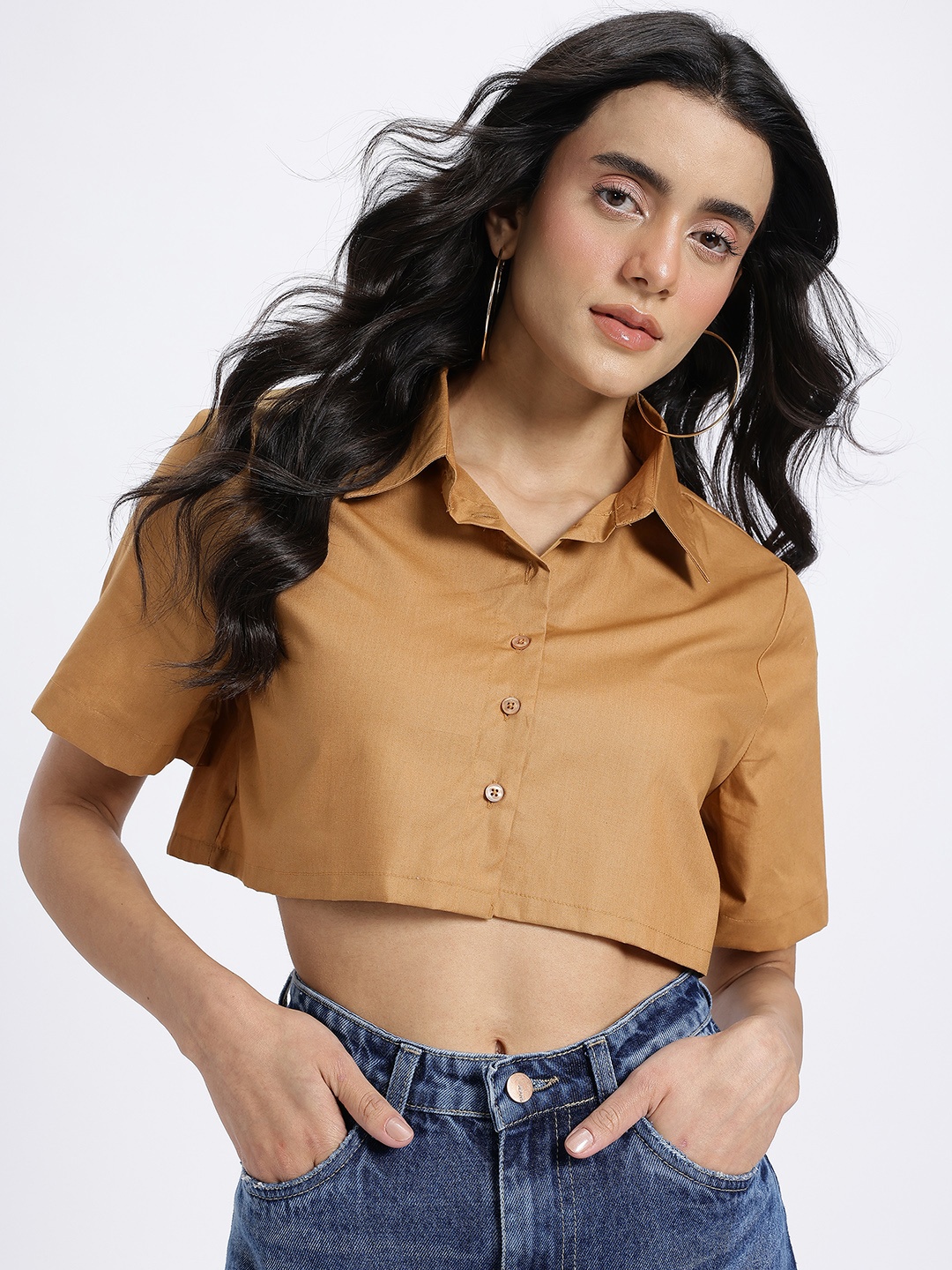 

glitchez Boxy Vibes Pure Cotton Crop Shirt, Brown
