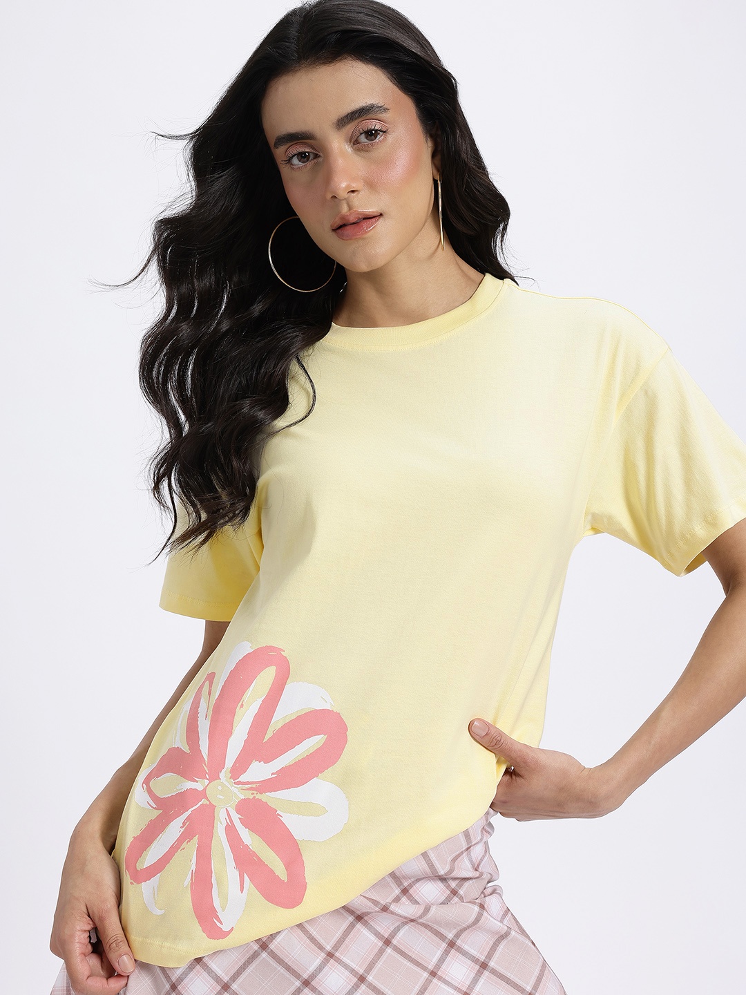 

glitchez Summer Floral Drop-Shoulder Oversize T-shirt, Yellow