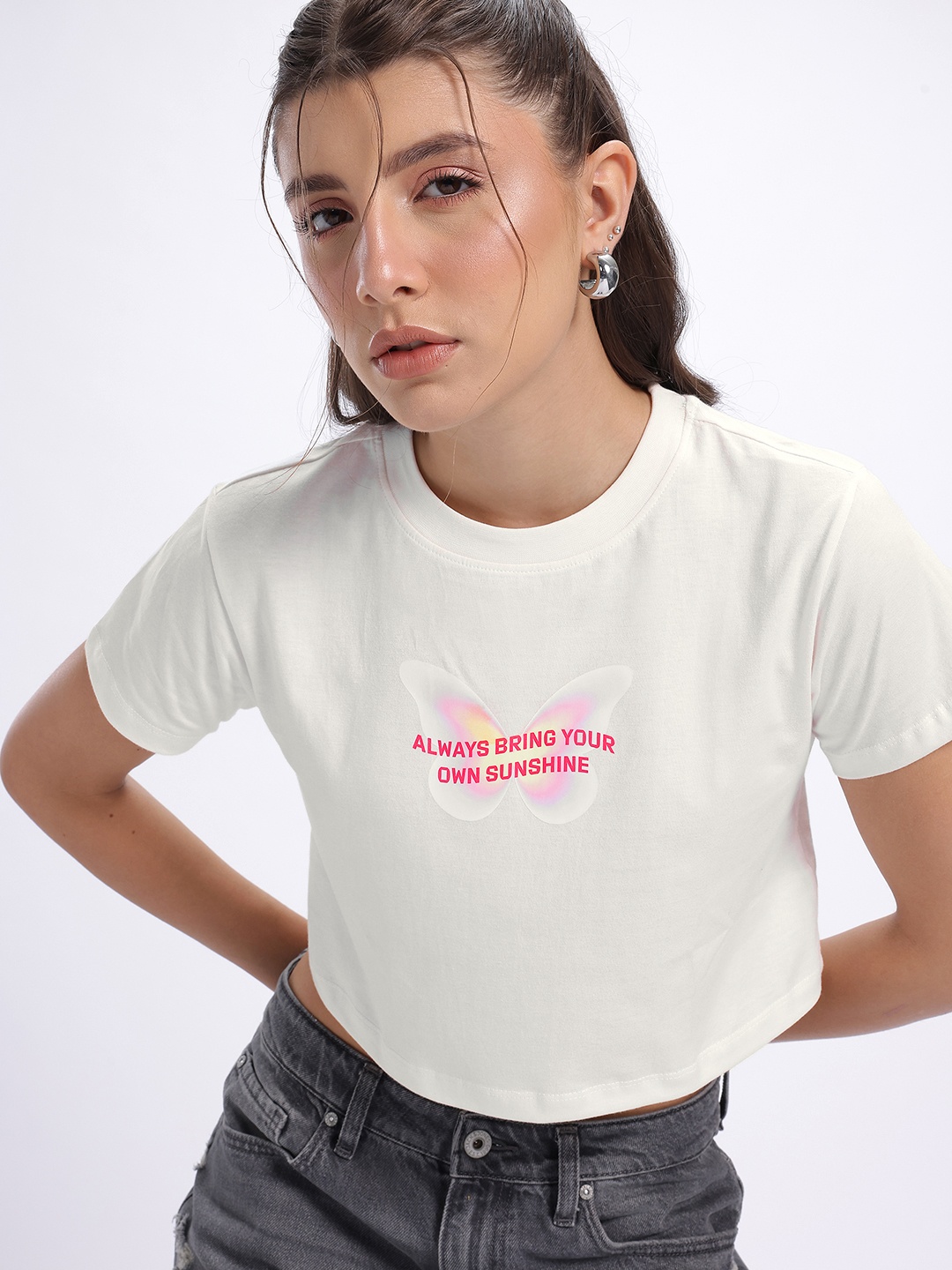 

glitchez Brightside Prints Crop T-shirt, White