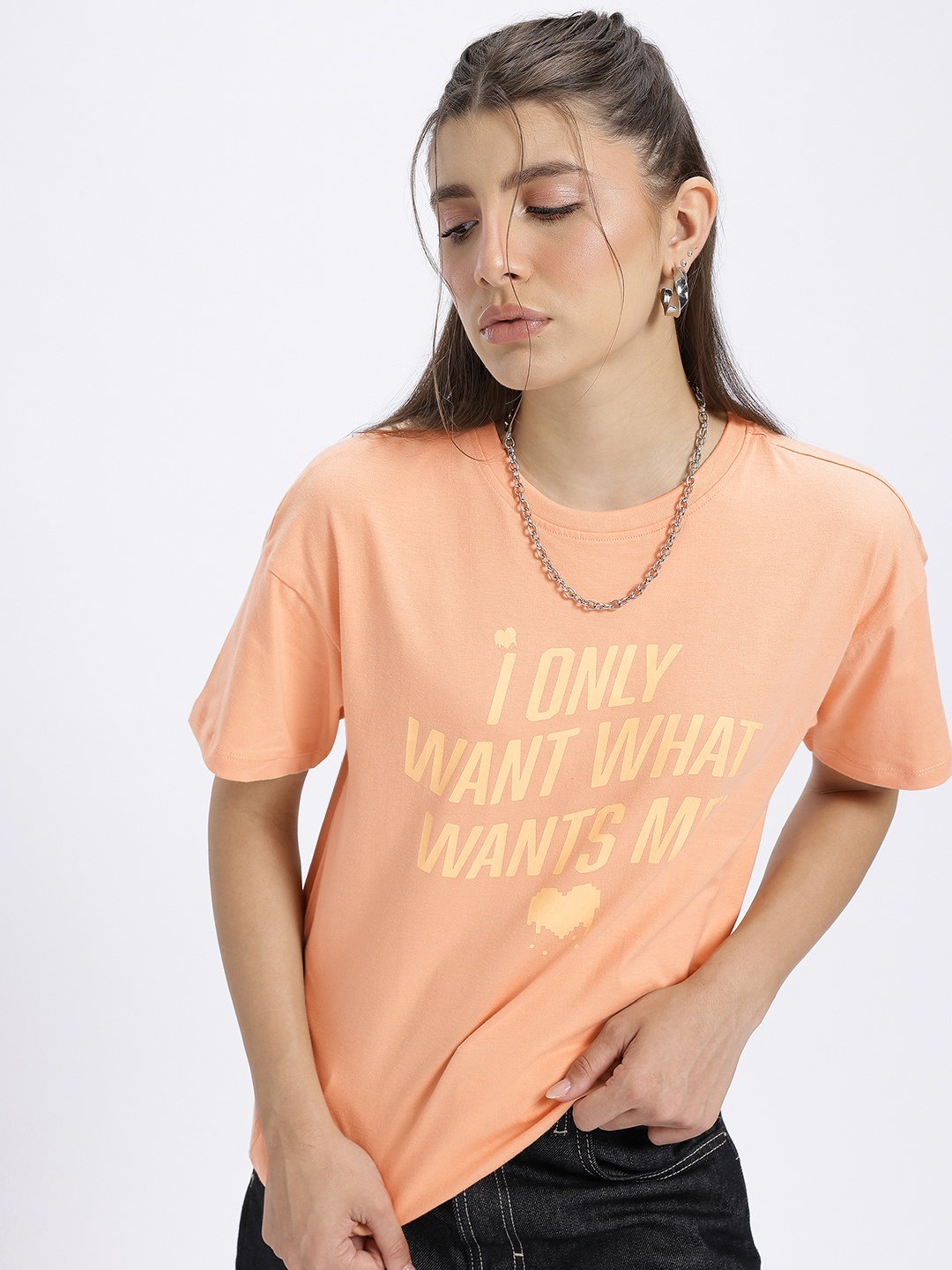 

glitchez Oversize Drip Typo Print T-shirt, Peach