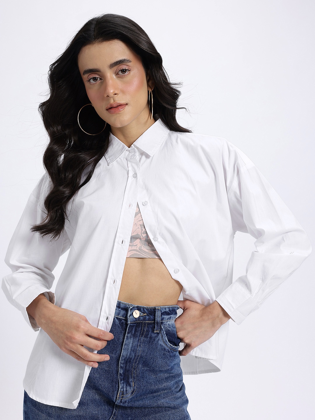 

glitchez Oversized Allure Pure Cotton Drop-Shoulder Sleeves Shirt, White