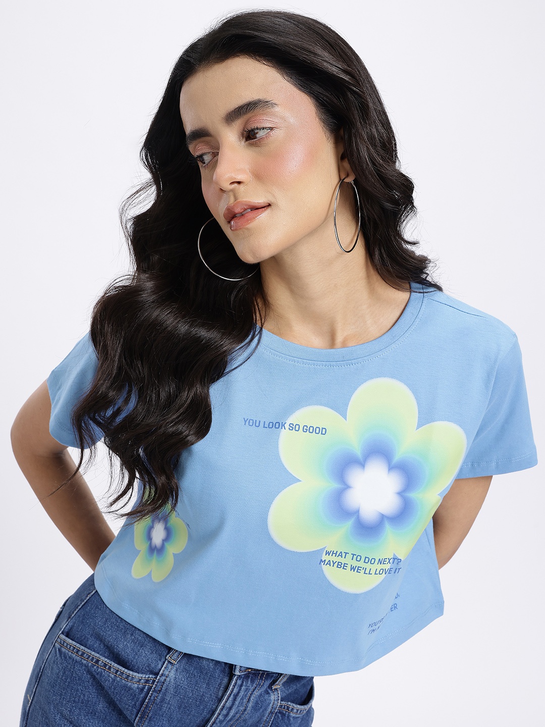 

glitchez Fantastic Florals Printed Drop-Sleeves Pure Cotton Crop Boxy Fit T-shirt, Blue