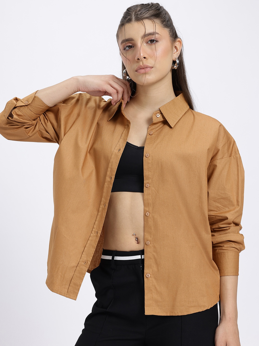 

glitchez Oversized Drip Pure Cotton Drop-Shoulder Sleeves Shirt, Brown