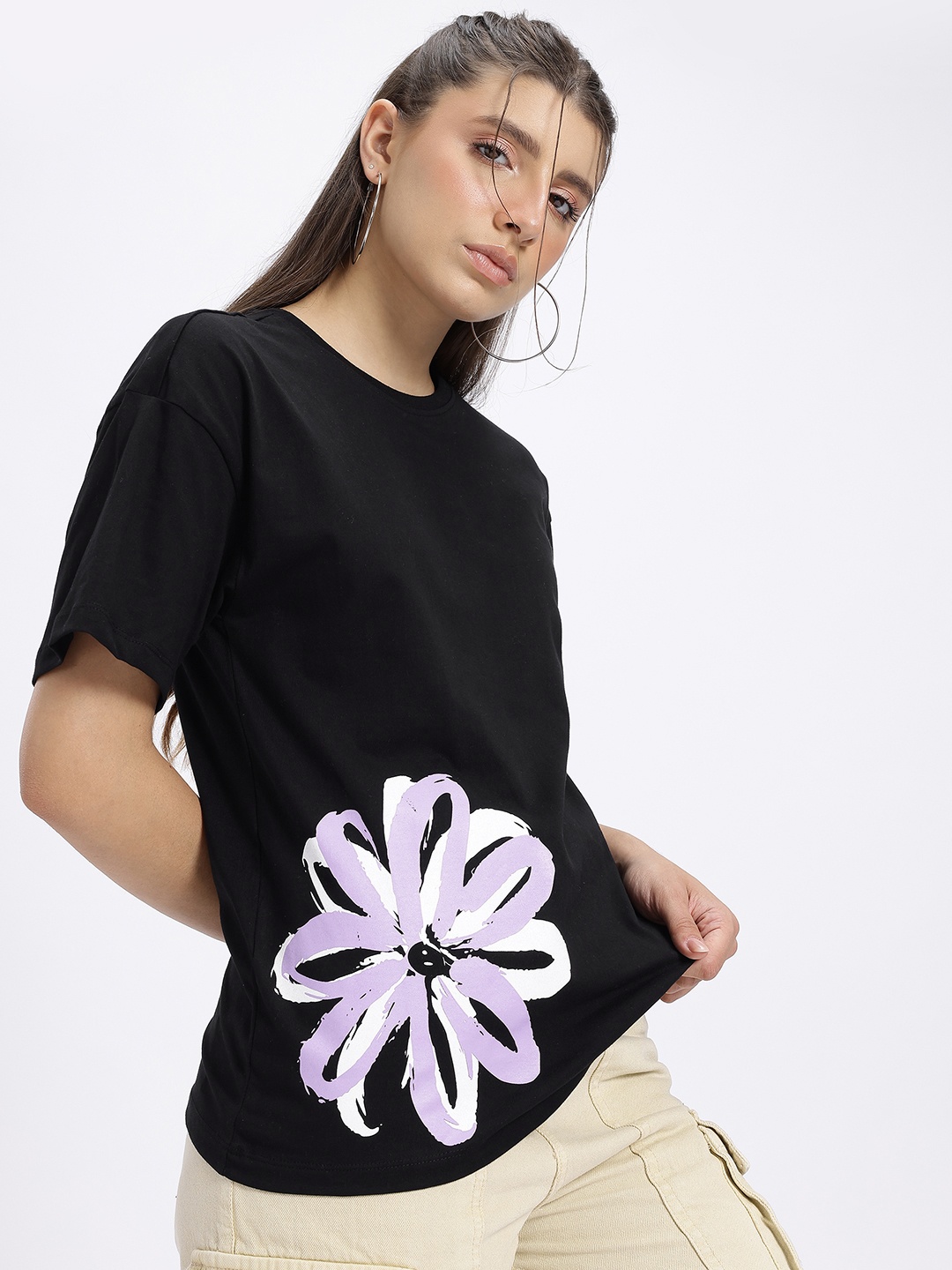 

glitchez Floral Patch Drop-Shoulder Oversize T-shirt, Black