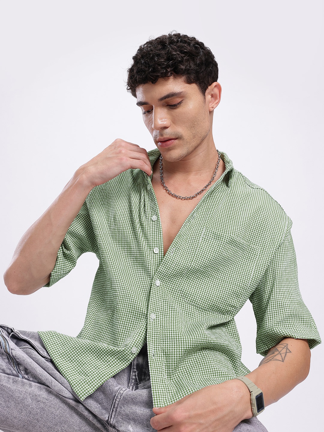 

glitchez Textured Cool Seersucker Boxy Shirt, Green