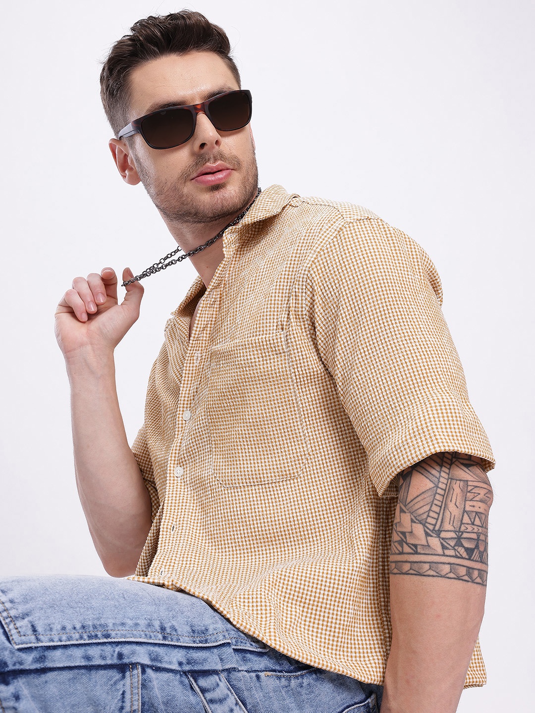 

glitchez Checked Pocket Detail Seersucker Shirt, Yellow