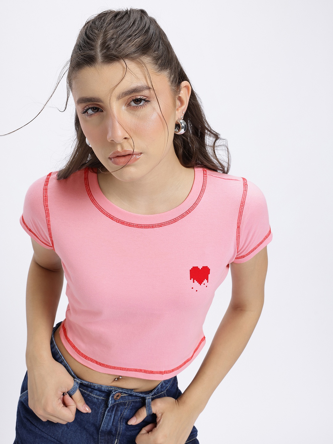 

glitchez Stitched to Perfection Contrast Stitch Crop Top, Pink