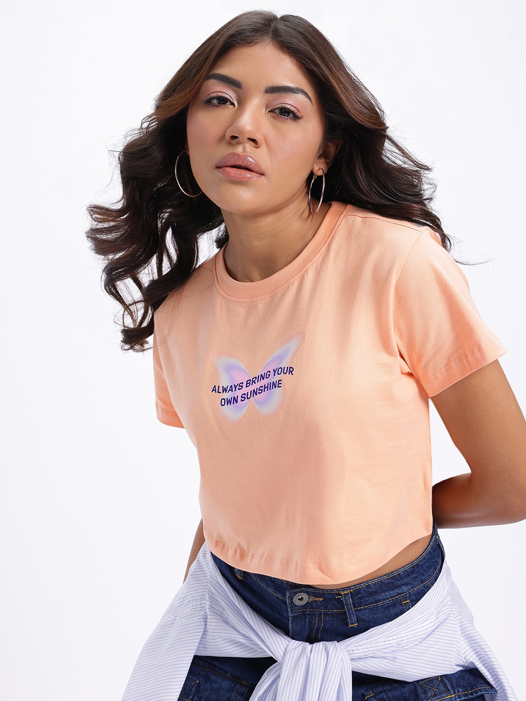 

glitchez SunKissed Swag Printed Crop T-shirt, Peach