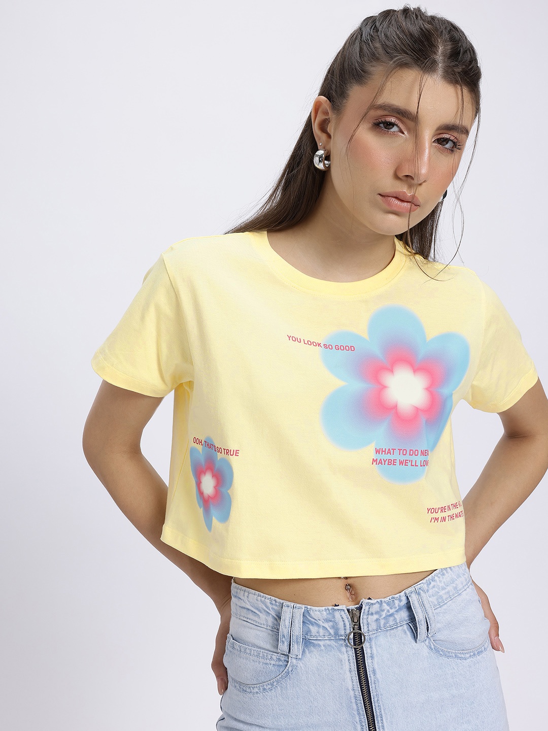 

glitchez Blooming Florals Printed Drop-Sleeves Pure Cotton Crop Boxy Fit T-shirt, Yellow