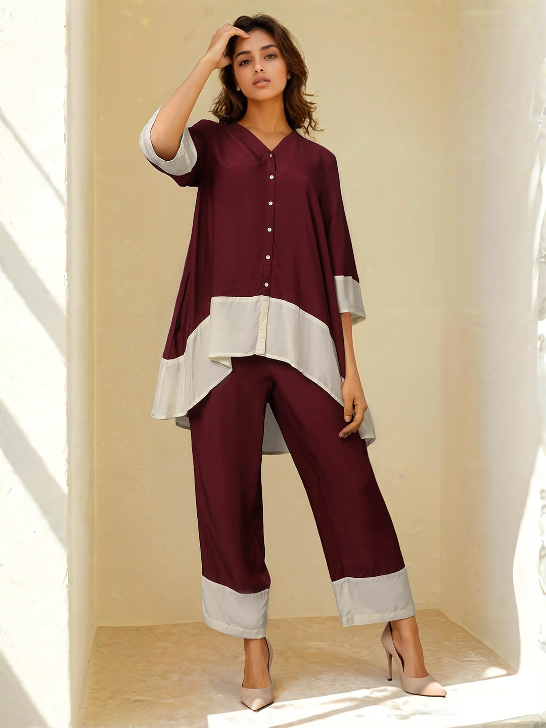 

Dora Dori Colorblocked V-Neck High-Low Tunic and Trousers, Burgundy