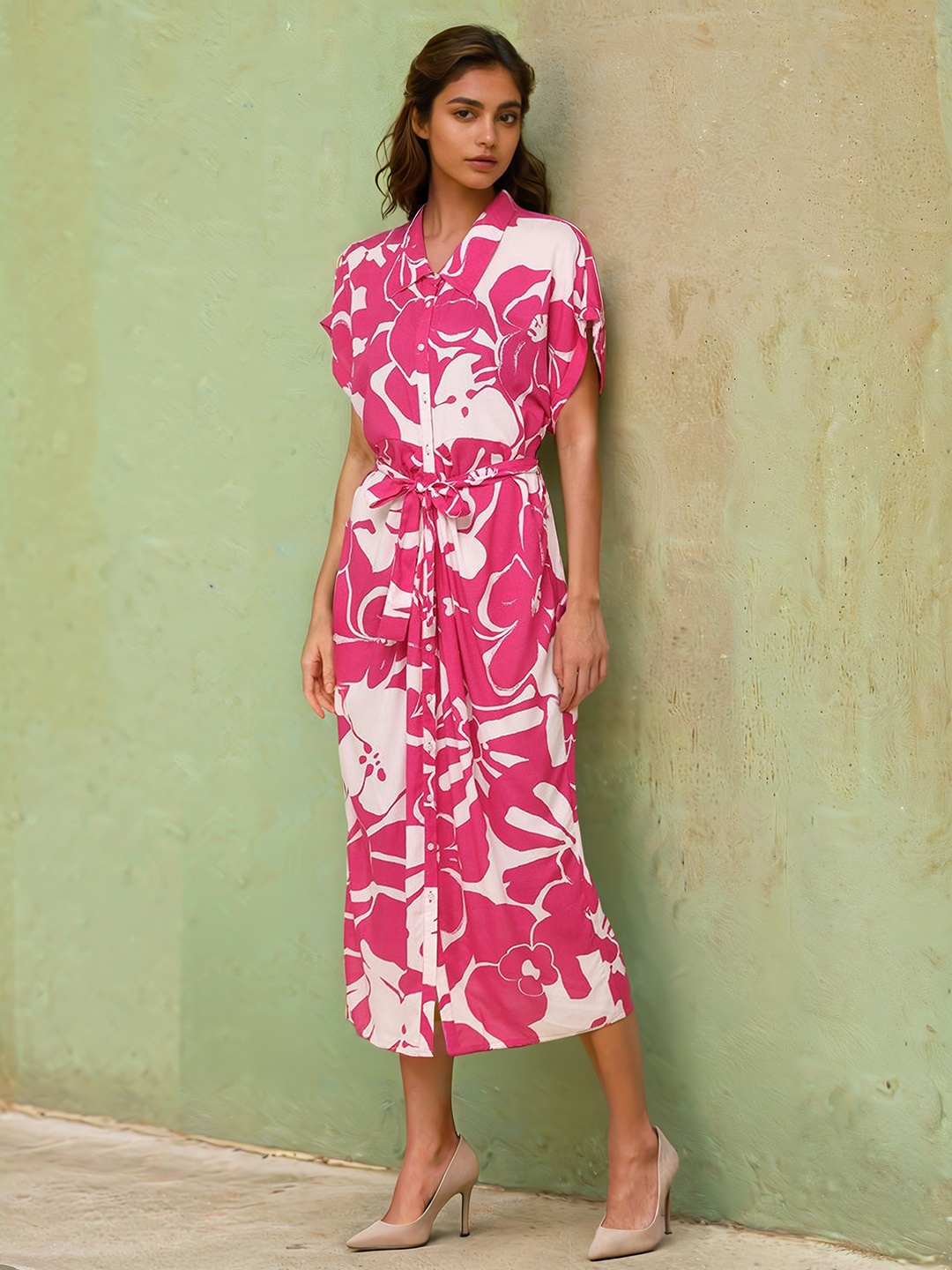 Dora Dori Women Floral Printed Shirt Collar A-Line Midi Dress, Pink