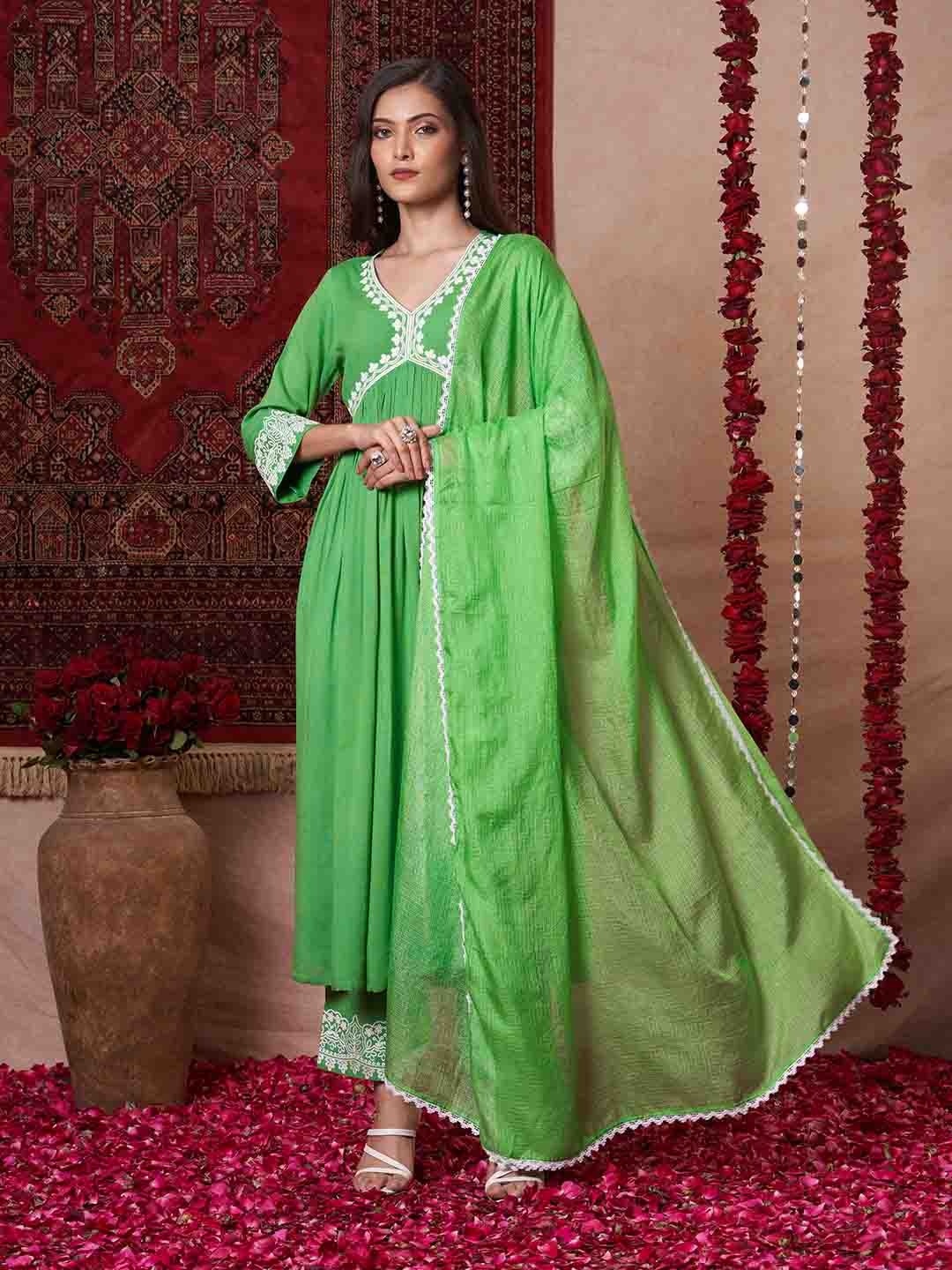 

Anni Designer Ethnic Motifs Embroidered Anarkali V-Neck Kurta With Trouser & Dupatta, Green