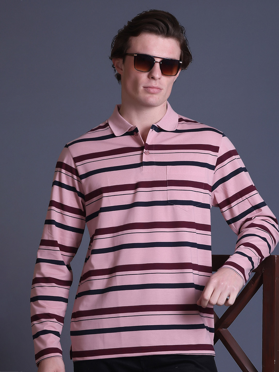 

GODFREY Men Striped Polo Collar Cotton T-shirt, Pink
