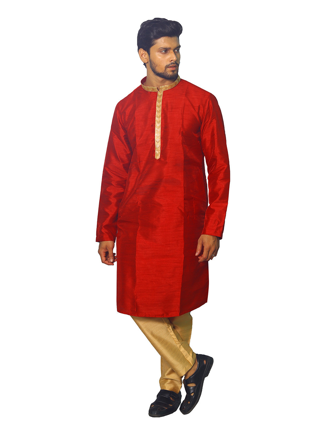 

House of Aqss Mandarin Collar Dupion Silk Straight Kurta With Pyjamas, Red