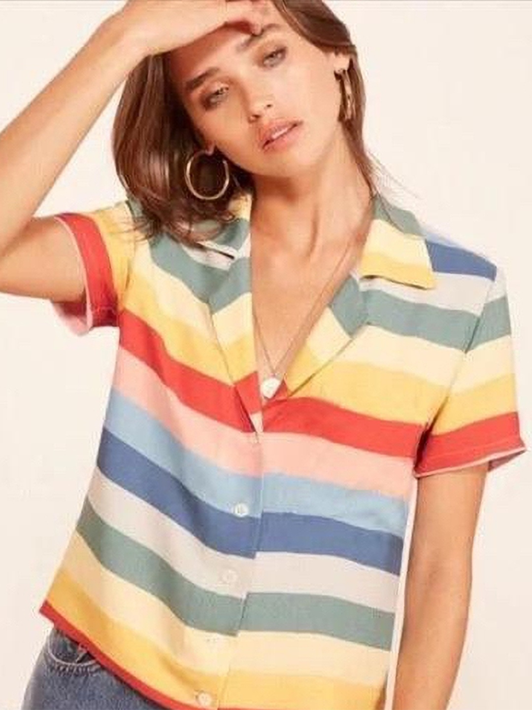 

KASHIAN Women Cuban Collar Horizontal Striped Cotton Casual Shirt, Red