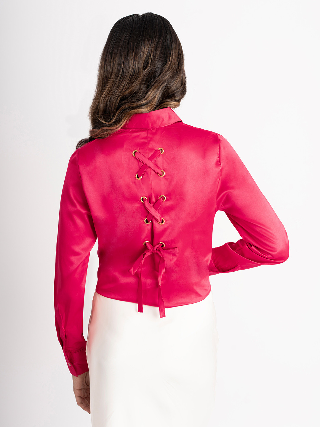 

Matsze Women Spread Collar Solid Satin Casual Shirt, Pink