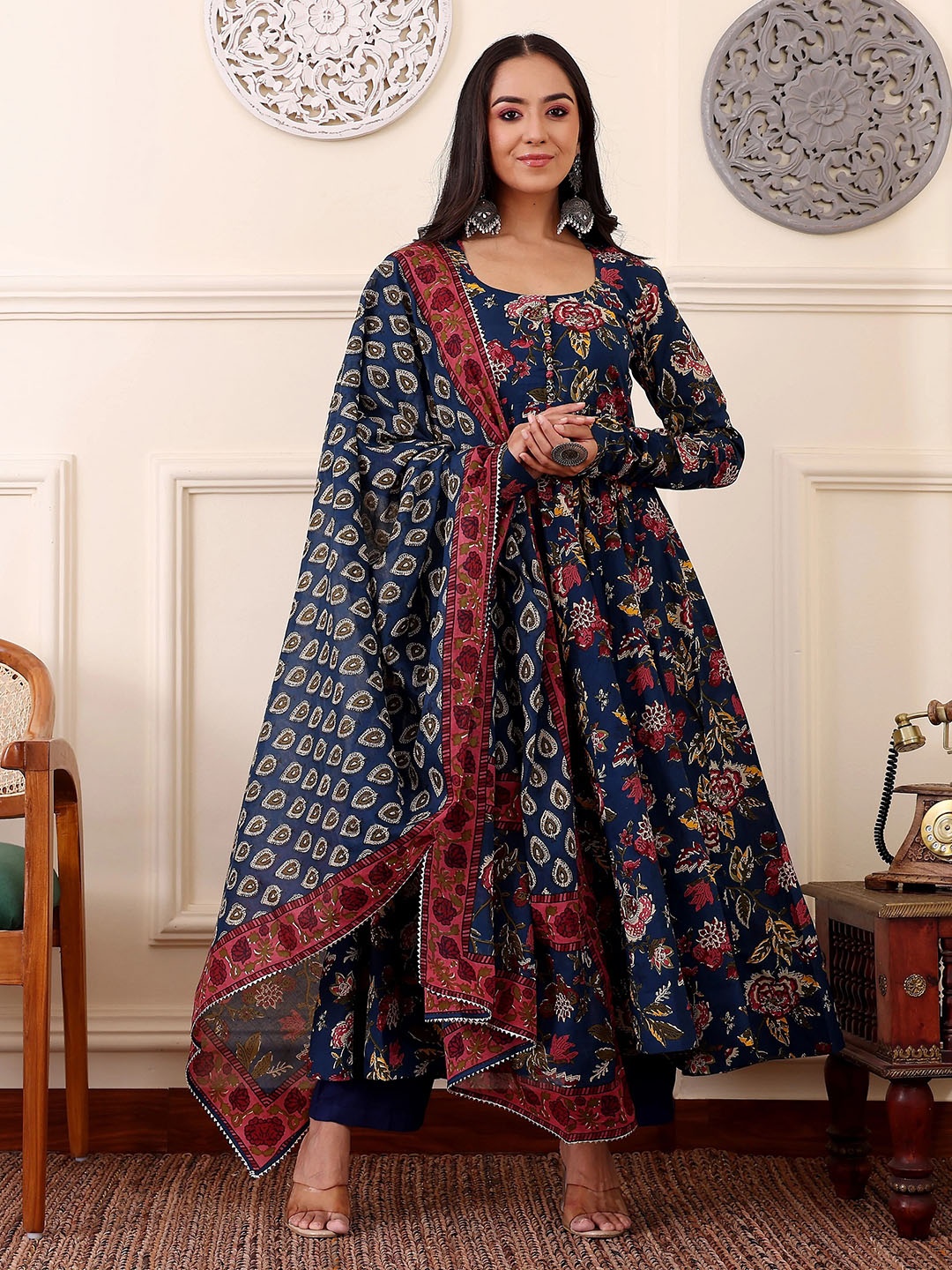 

KALINI Floral Printed Anarkali Kurta With Trousers And Dupatta, Blue