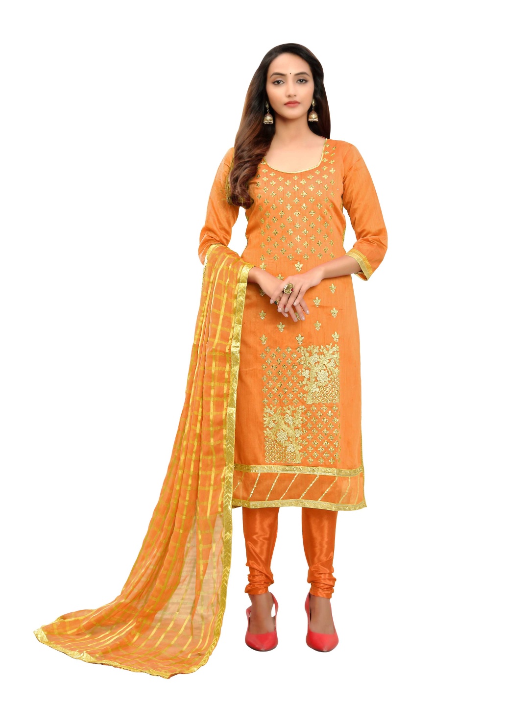 

HERE&NOW Floral Embroidered Zari Cotton Silk Unstitched Dress Material, Orange