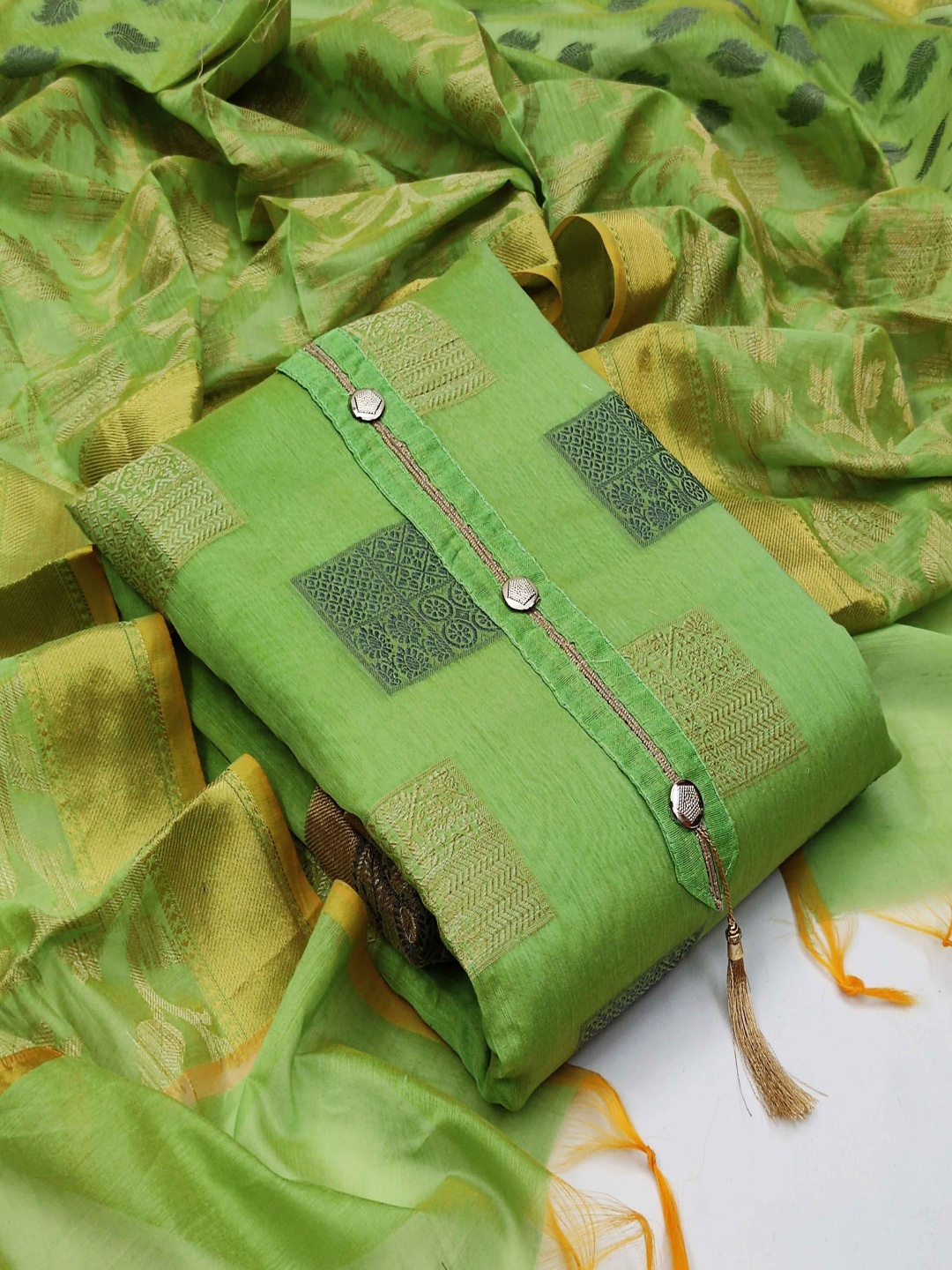 

HERE&NOW Ethnic Motifs Printed Silk Blend Unstitched Dress Material, Green