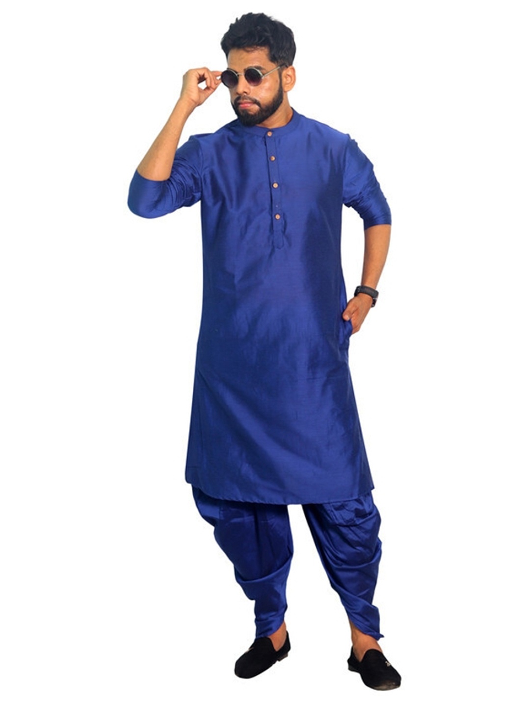 

House of Aqss Band Collar Straight Kurta With Dhoti Pants, Blue