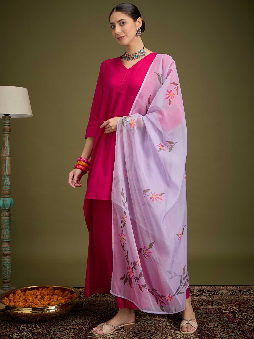 

InWeave Women Regular Kurta with Palazzos & With Dupatta, Fuchsia