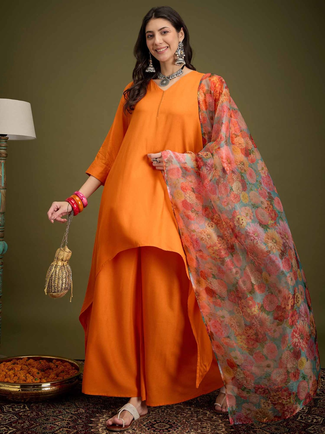 

InWeave Women Regular Kurta with Palazzos & With Dupatta, Orange