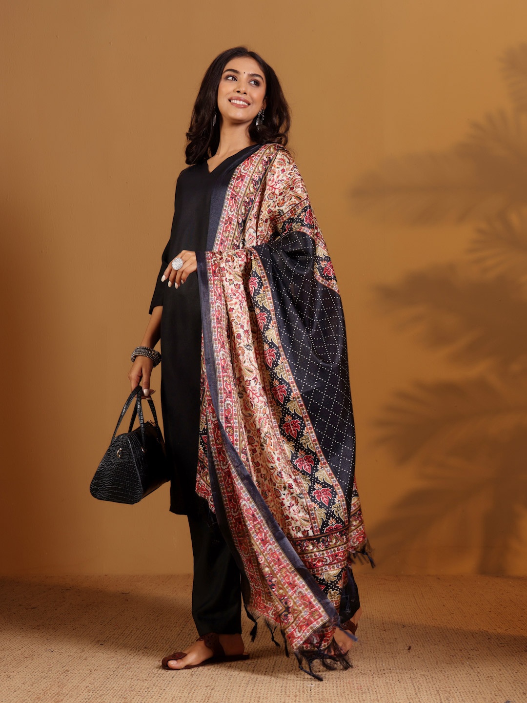 

Varanga V-Neck Straight Kurta With Trousers And Dupatta, Black