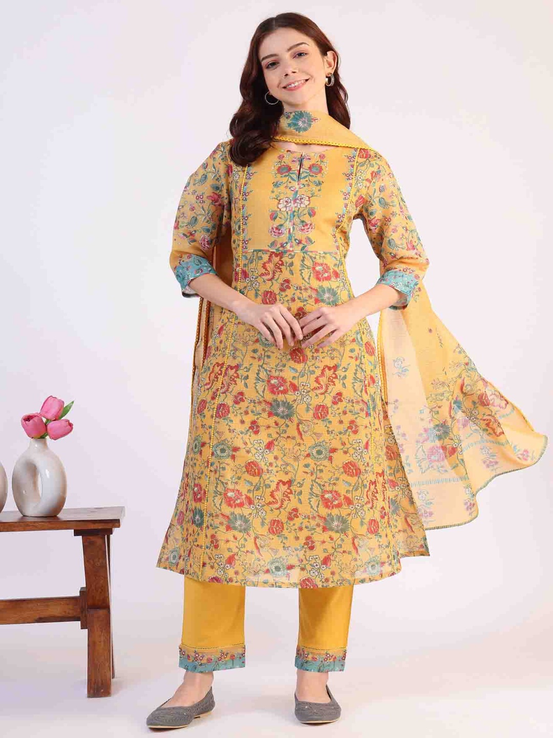 

W Mustard Yellow Floral Printed Notch Neck A-Line Kurta With Trousers And Dupatta