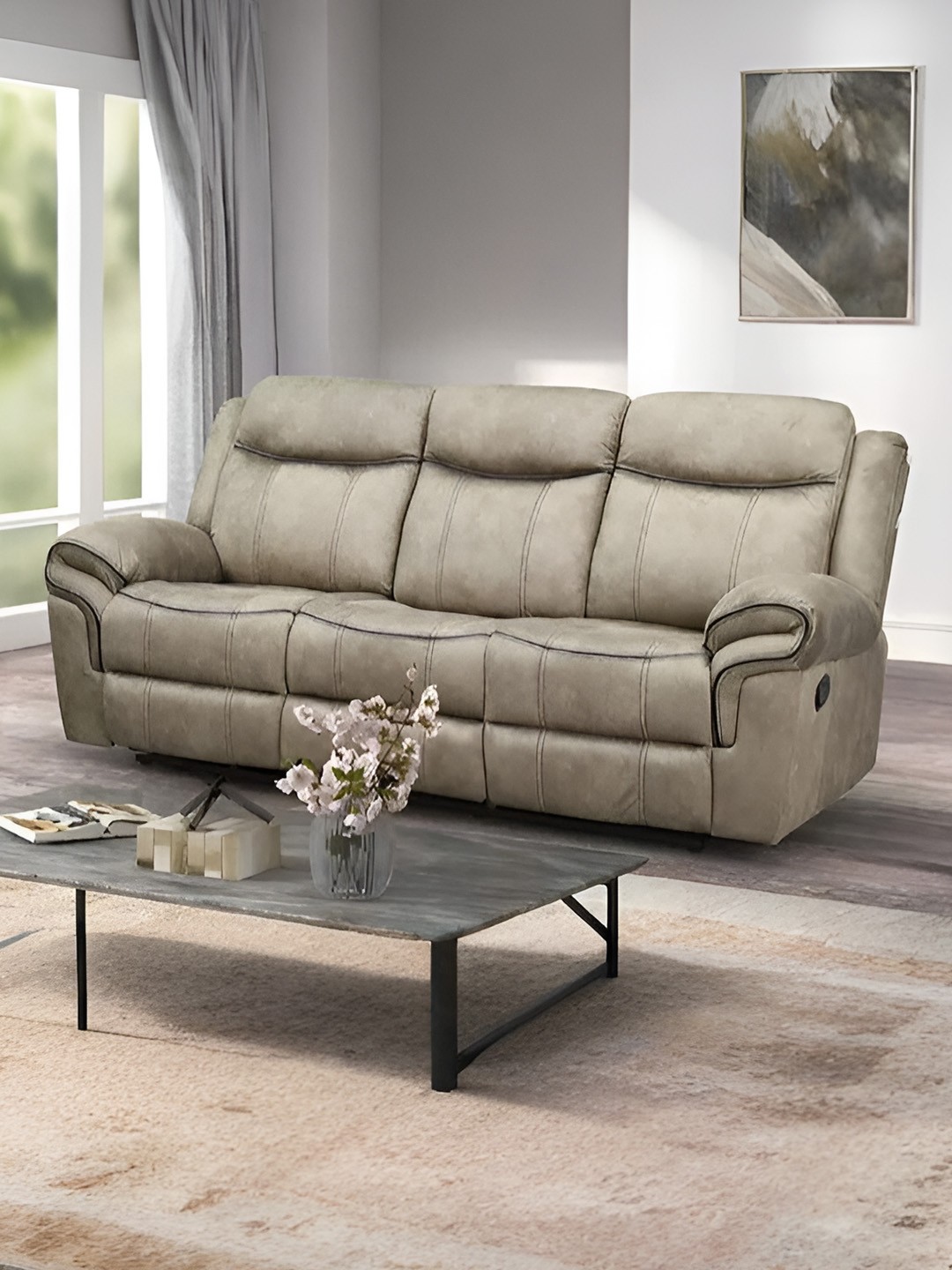 

Royaloak Luke Beige & Brown Leather Manual 3 Seater Recliner With Dropdown