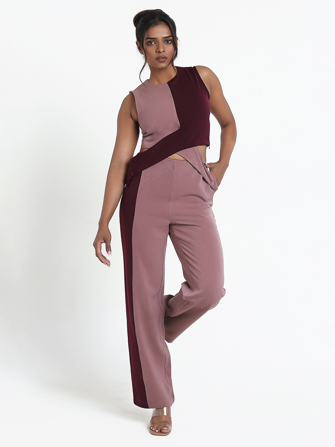 Matsze Skewed Interlocked Colorblocked Casual Top and Trousers, Pink