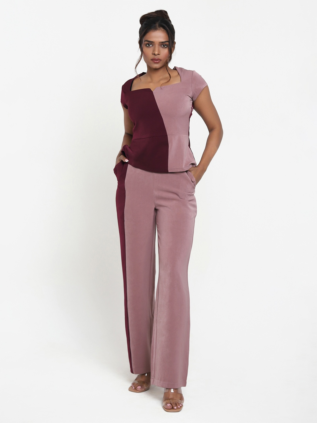 

Matsze Skewed Sculpted Square Neck Colorblocked Formal Top and Trousers, Pink