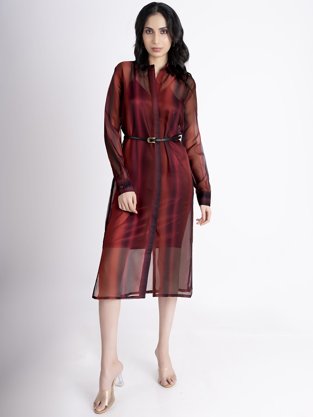 

Matsze Symphony Spectre Shirt Collar Sheer Shirt Silk Dress With Slip, Red