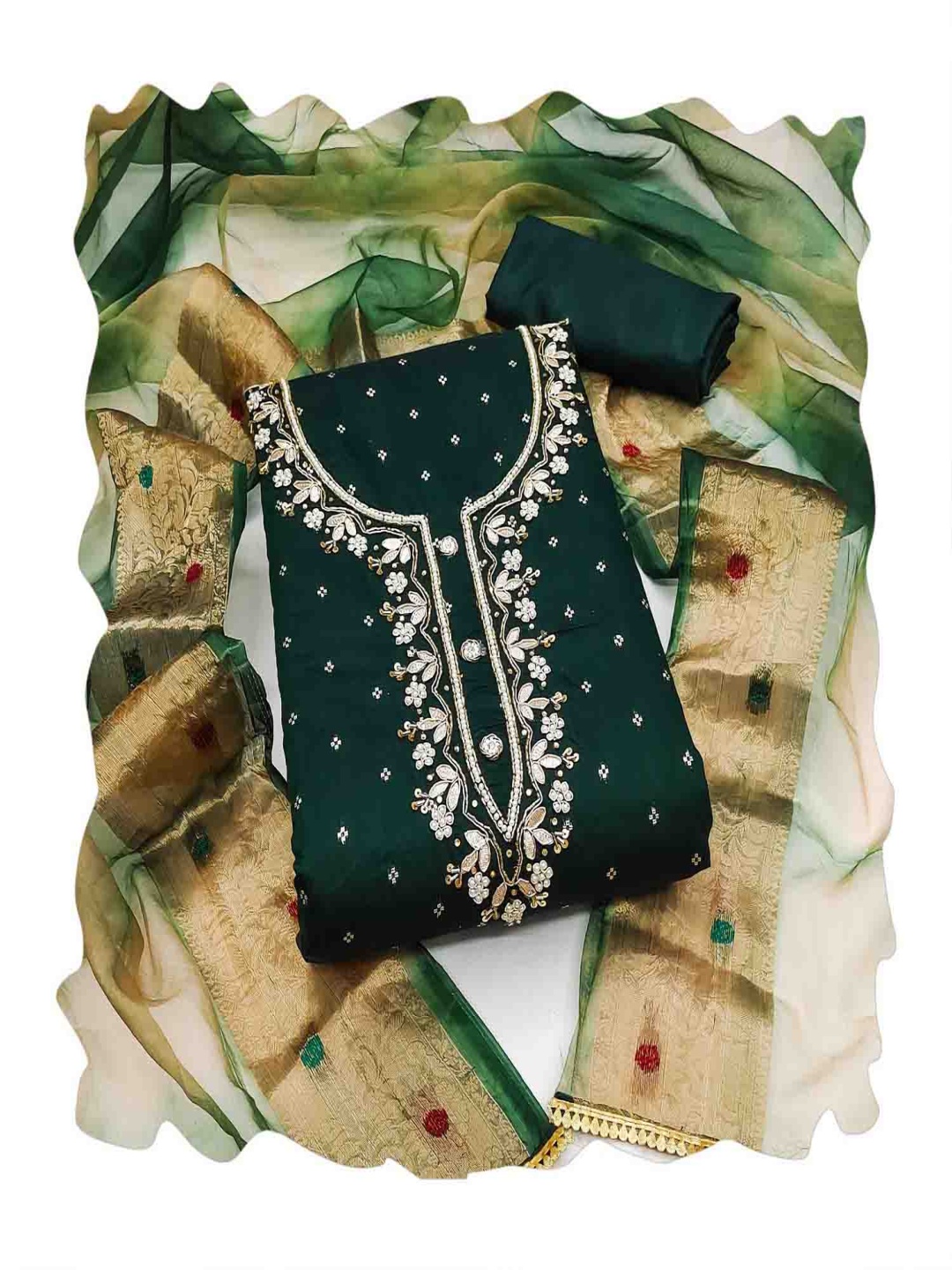 

NEGRONI Floral Embroidered Unstitched Dress Material, Green