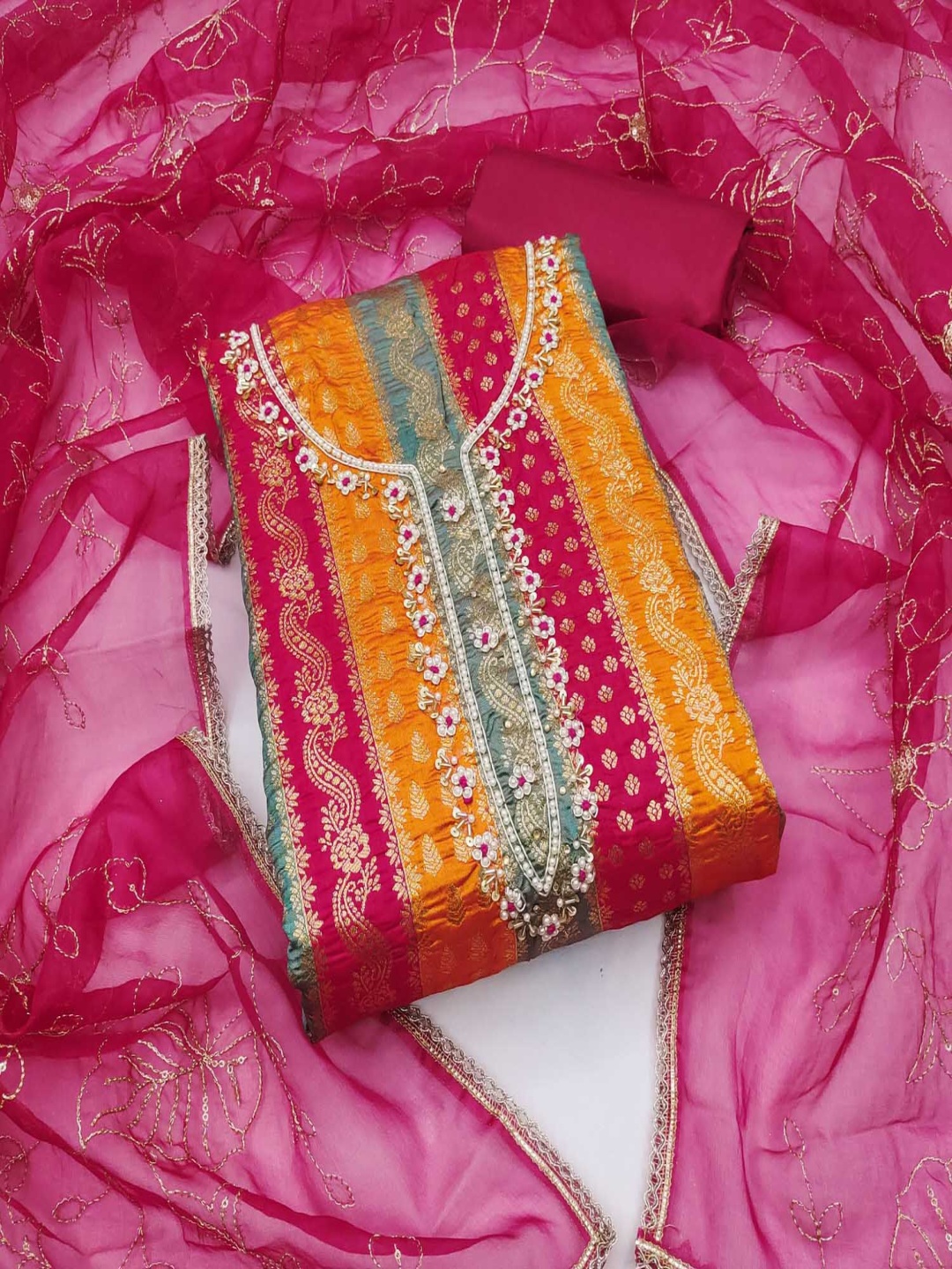 

NEGRONI Floral Woven Design Embroidered Tussar Silk Unstitched Dress Material, Pink