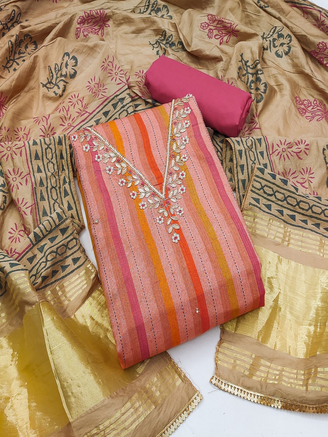 

NEGRONI Floral Embroidered Beads And Stones Unstitched Dress Material, Peach