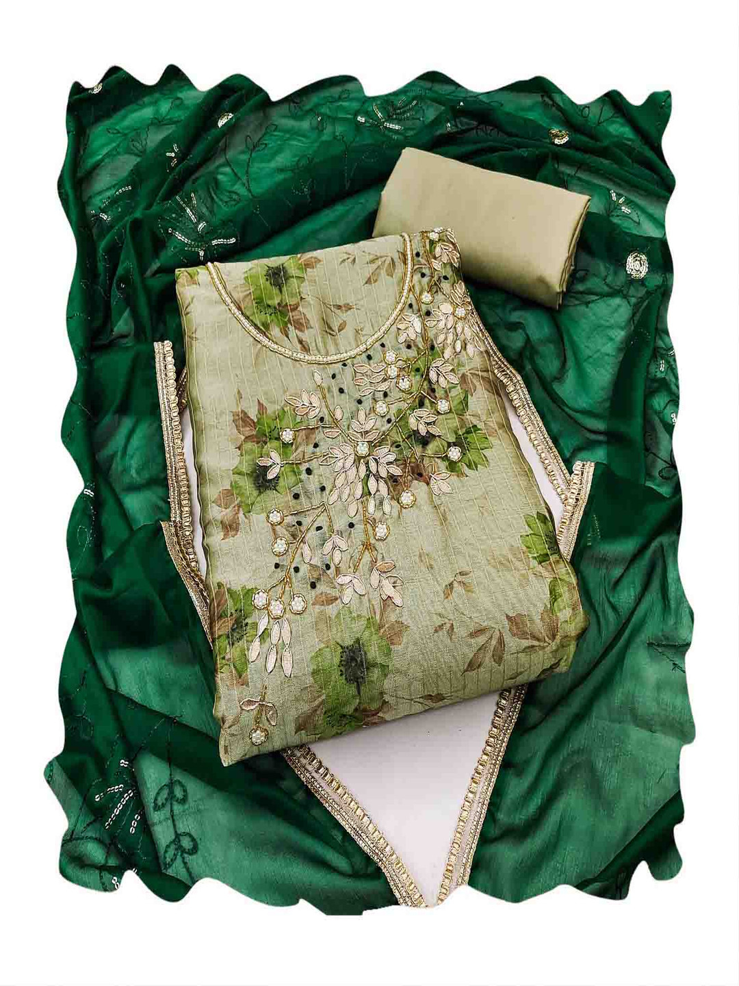 

NEGRONI Floral Embroidered Beads And Stones Unstitched Dress Material, Green