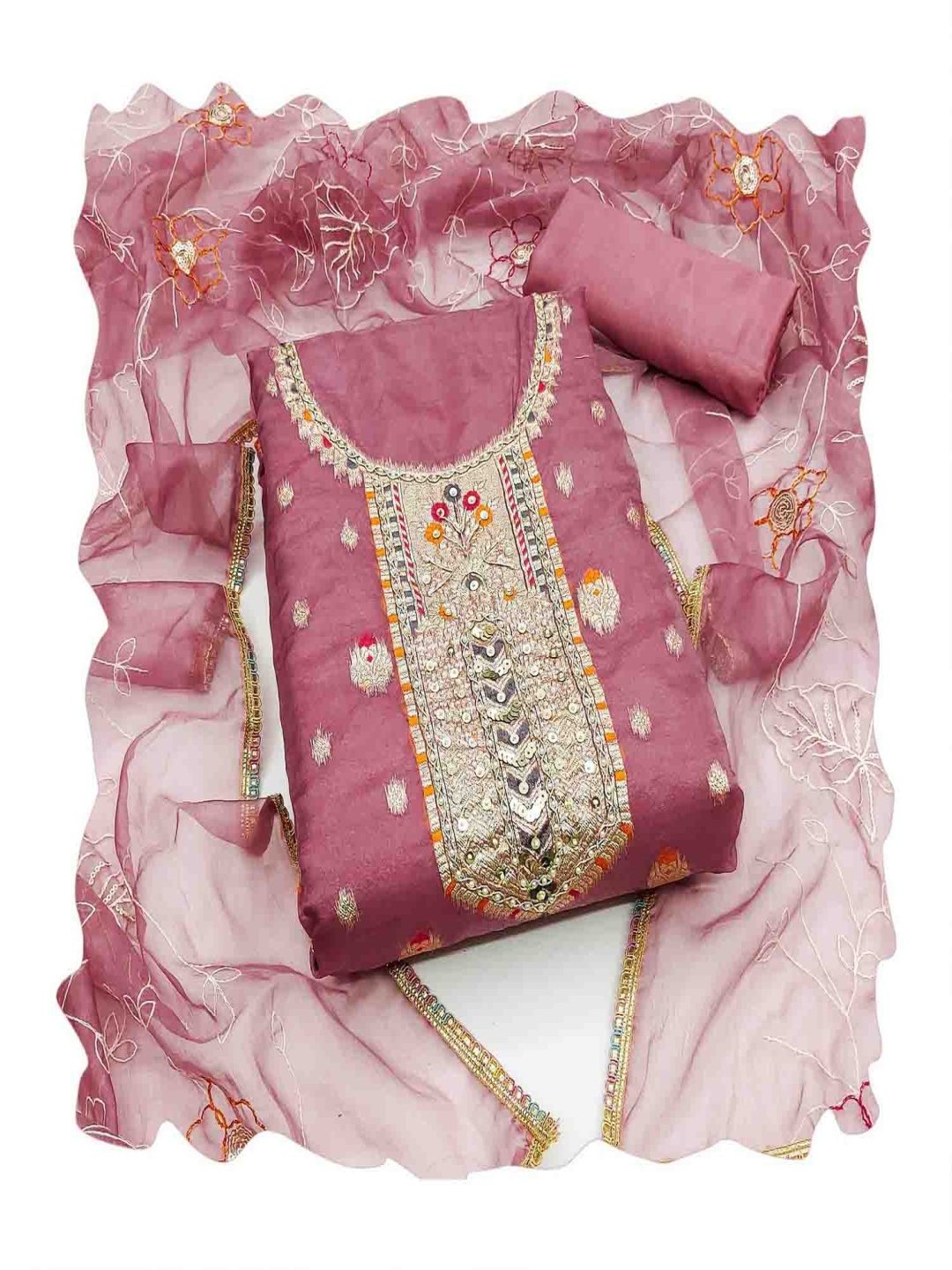 

NEGRONI Floral Woven Design Organza Sequinned Unstitched Dress Material, Pink