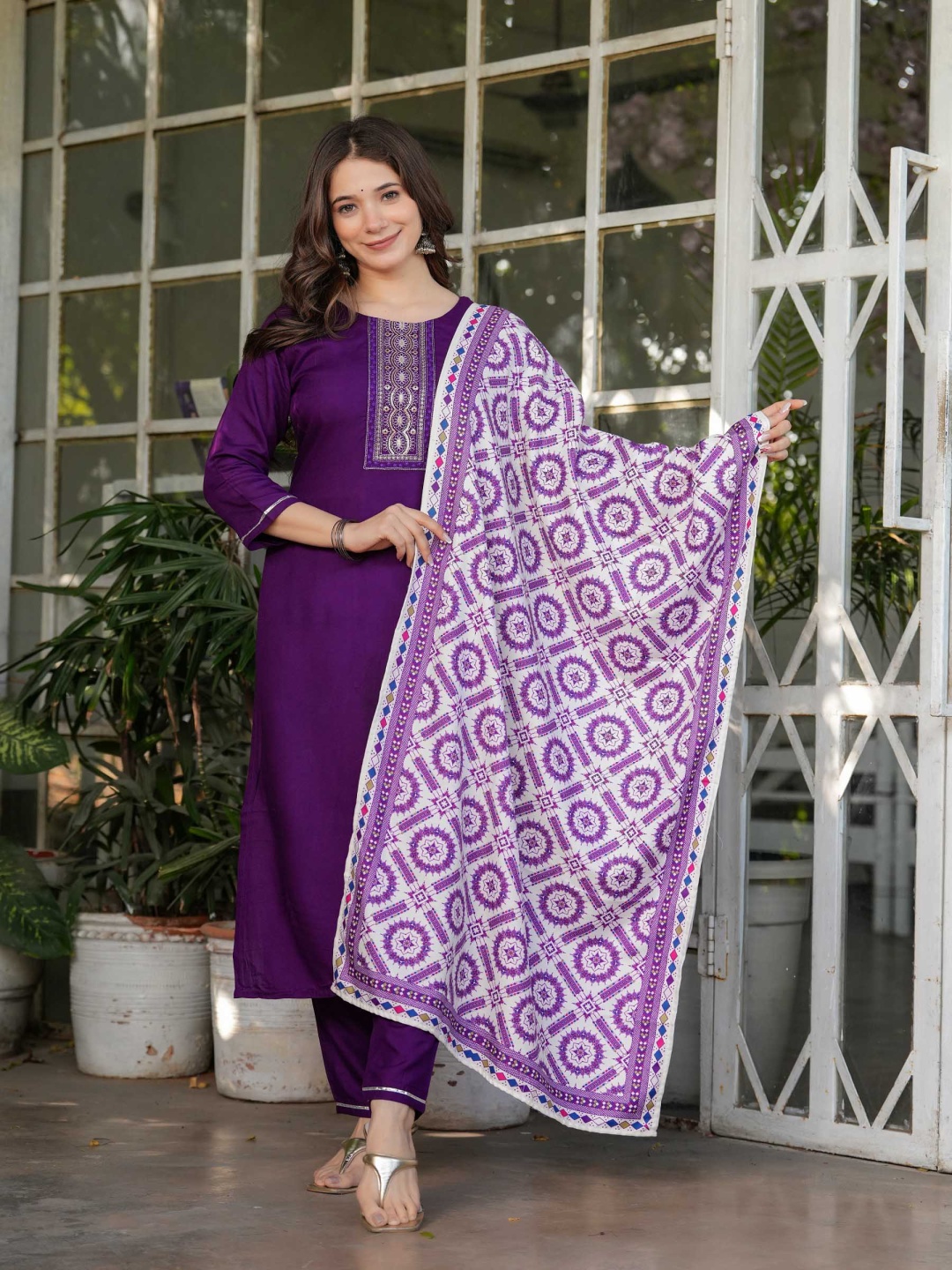 

Moda Rapido Yoke Design Round Neck Sequinned Straight Kurta With Trousers And Dupatta, Purple