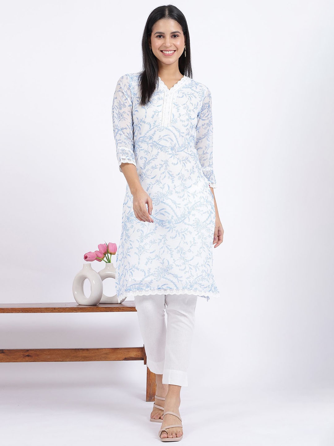 

W Floral Printed V-Neck Thread Work Straight Kurta, White