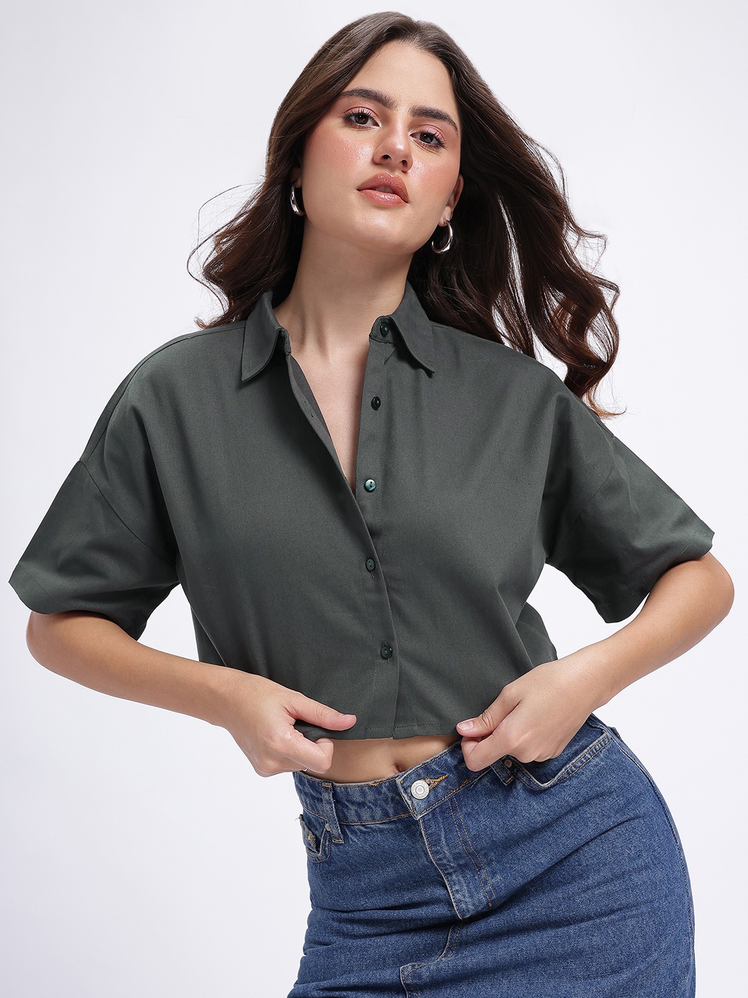 

glitchez Effortless Chic Relaxed Crop Shirt, Green