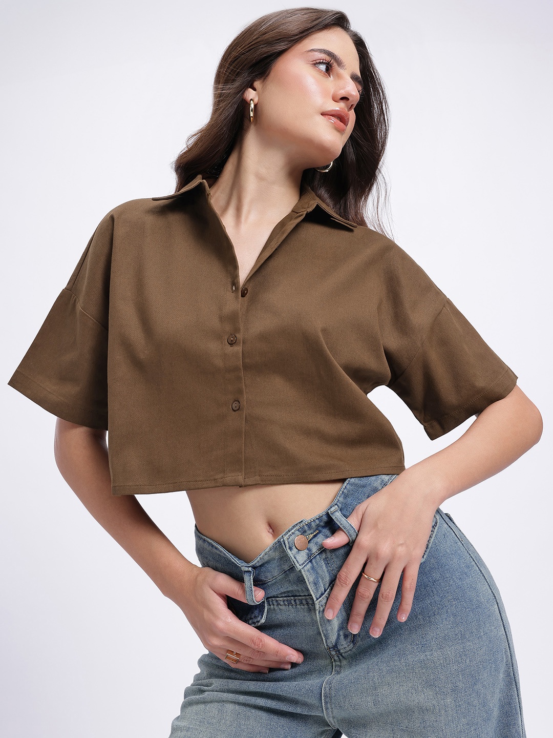 

glitchez City Chic Relaxed Crop Shirt, Brown